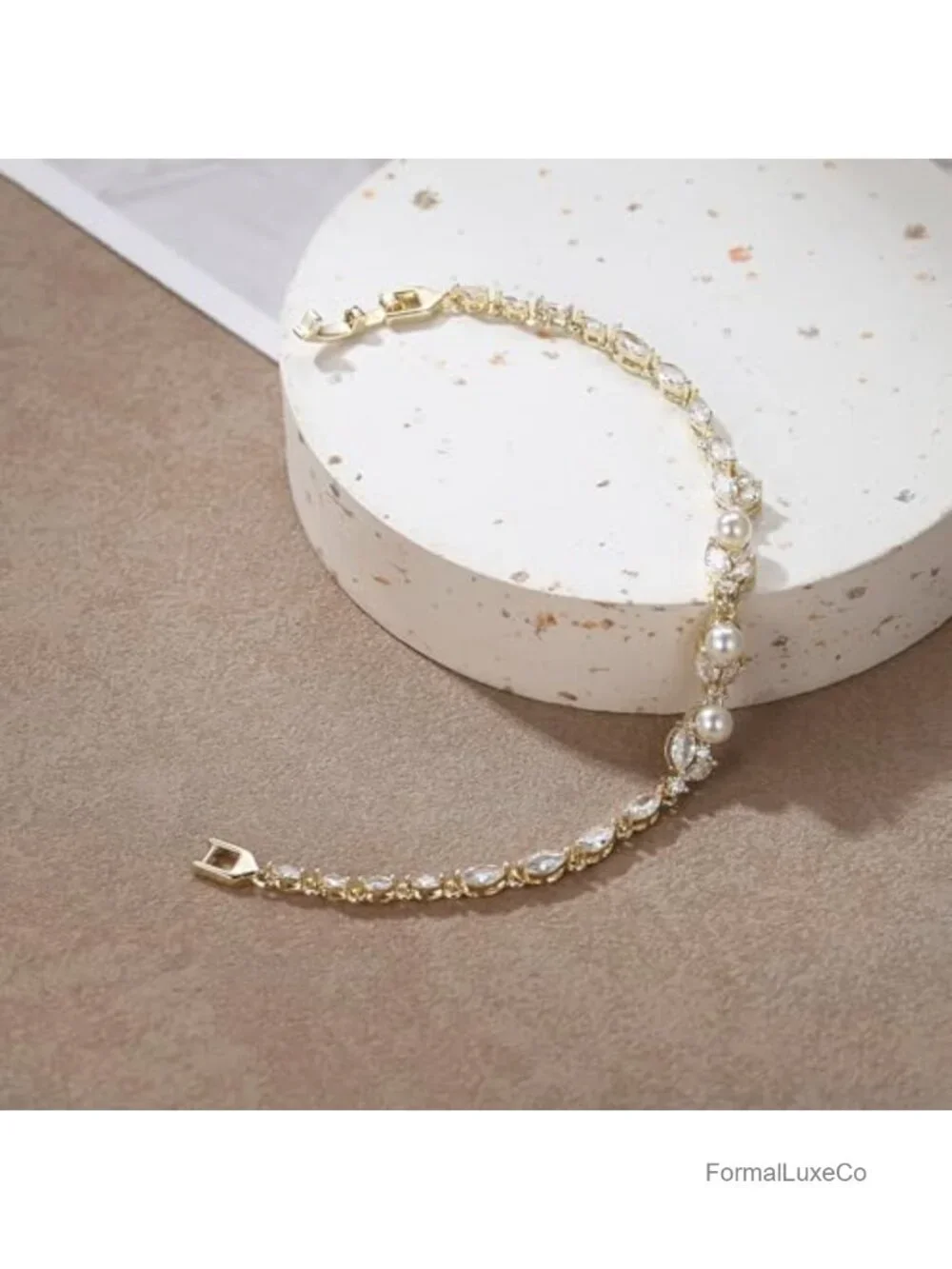 Simulated Pearl CZ Leaf Tennis Bracelet Women Bride Wedding